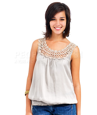 Buy stock photo Pretty young woman standing casually, smiling at the camera, isolated on white - copyspace