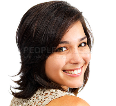 Buy stock photo Portrait, woman or smile for beauty, skincare or aesthetic in studio on white background or mock up space. Face, person or happiness for dental care, cosmetic and positive attitude with confidence