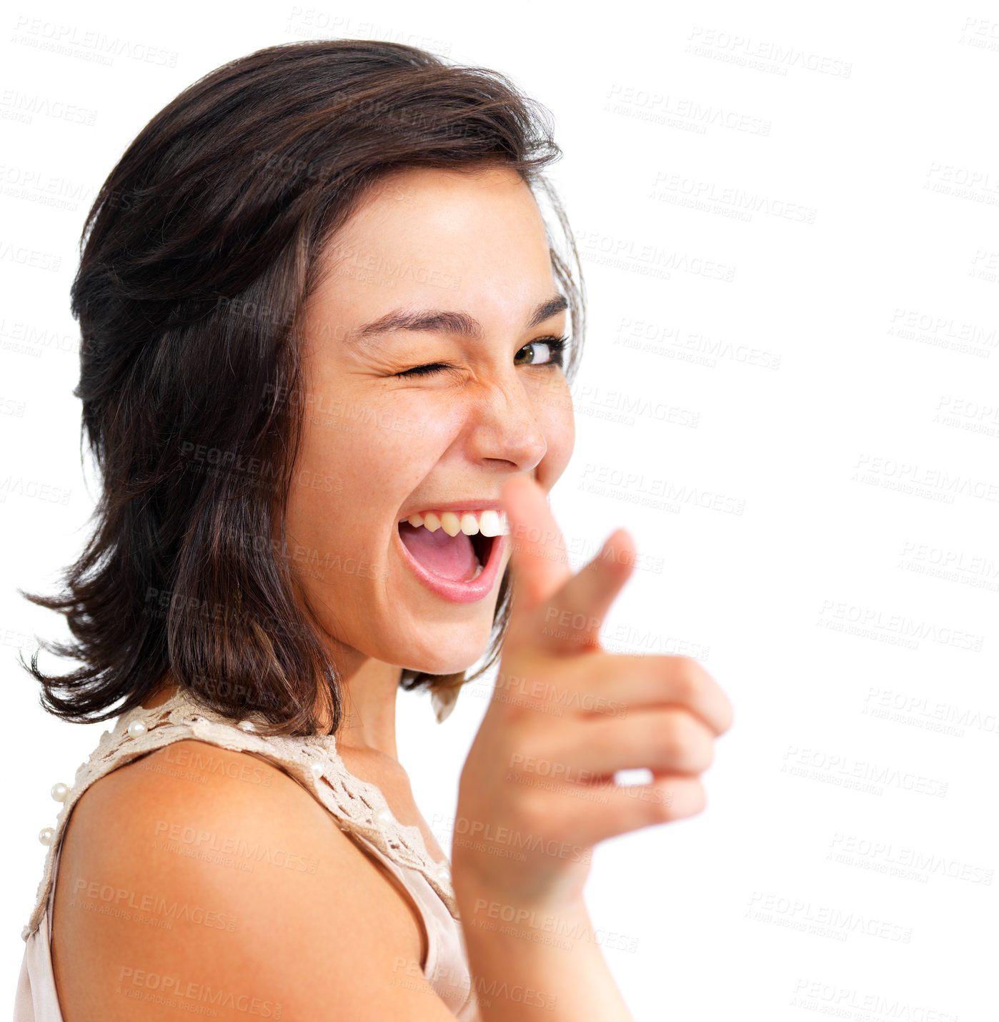 Buy stock photo Pretty young woman pointing and saying "Gotcha!" to you, isolated on white - copyspace