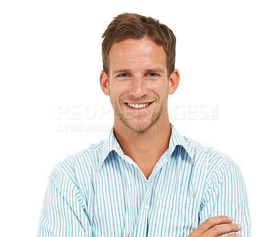Buy stock photo Arms crossed, expert and portrait of businessman with pride on a white background in studio. Corporate, smile and headshot of executive employee with professional happiness, confidence and motivation