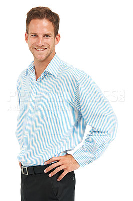Buy stock photo Portrait, happy businessman and smile on studio background, leadership and trust in Australia. Male model, corporate manager and professional worker on white background for career management success