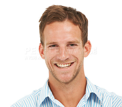 Buy stock photo Portrait, happy face and businessman with smile, white background and leadership with trust in Australia. Headshot of male model, corporate manager and professional worker in studio for job success