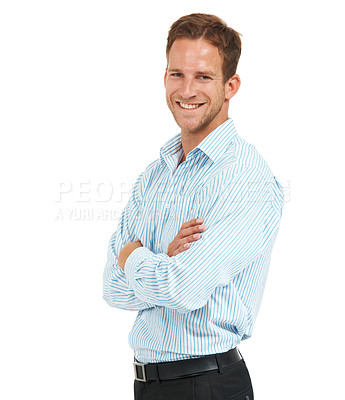 Buy stock photo Portrait, happy businessman and arms crossed with white background, leadership and trust in Australia. Happy male model, corporate manager and professional worker on studio background for ceo success