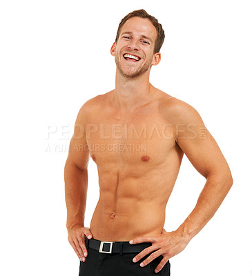 Buy stock photo Fitness, portrait and man in studio for exercise, wellness and health on white background mockup. Face, model and handsome male relax after workout, cardio and sports routine, training and body goals
