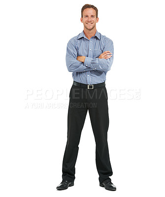 Buy stock photo Portrait, leadership and businessman with arms crossed in studio in Australia. Happy male model, corporate manager or professional worker on white background of success, management or employee vision