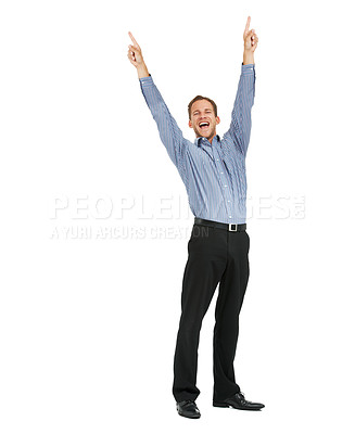 Buy stock photo Businessman winner in portrait with success, cheers and achievement, arms in air against white background. Happy man, professional win and excited, corporate celebration with growth and bonus mockup
