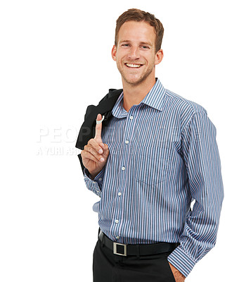 Buy stock photo Portrait, man and young working professional isolated in studio against a white background space. Face, entrepreneur and male worker confident, happy and relax while standing, proud and positive 