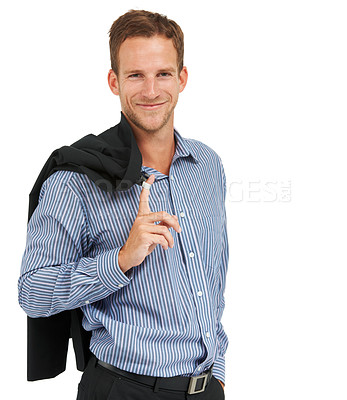 Buy stock photo Fashion, portrait and businessman with trendy jacket in studio, smile and happy on white background. Face, entrepreneur and male clothing for success with business vision, idea and mindset on mockup