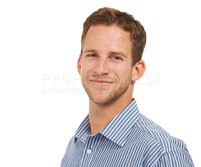 Buy stock photo Portrait, business man and face with white background, leadership and trust in Australia. Happy male entrepreneur, studio manager and professional corporate worker, ceo and smile for career success