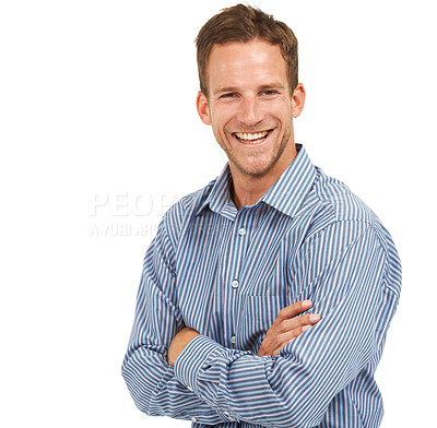 Buy stock photo Young, happy and corporate portrait of businessman with arms crossed and cheerful mindset with smile for advertising. Happiness of handsome worker at white studio background with mockup.

