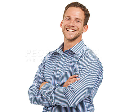 Buy stock photo Proud, happy and confident portrait of businessman with arms crossed and cheerful mindset with smile for advertising. Happiness of handsome worker at white studio background with mockup.

