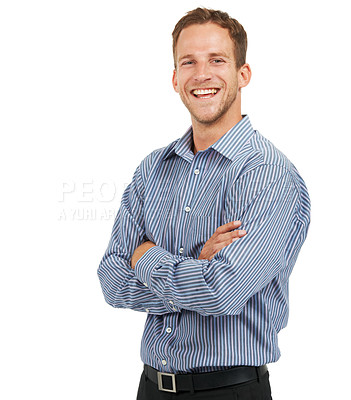 Buy stock photo Proud portrait and happy businessman mindset with arms crossed and cheerful smile for advertising. Happiness of handsome corporate worker smiling at white studio background with mockup.

