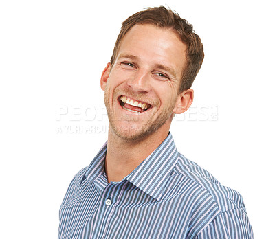 Buy stock photo Portrait, laughing and funny businessman in studio on white background in Australia. Happy male model, corporate manager and smile of comedy, comic or worker success in leadership, management or face