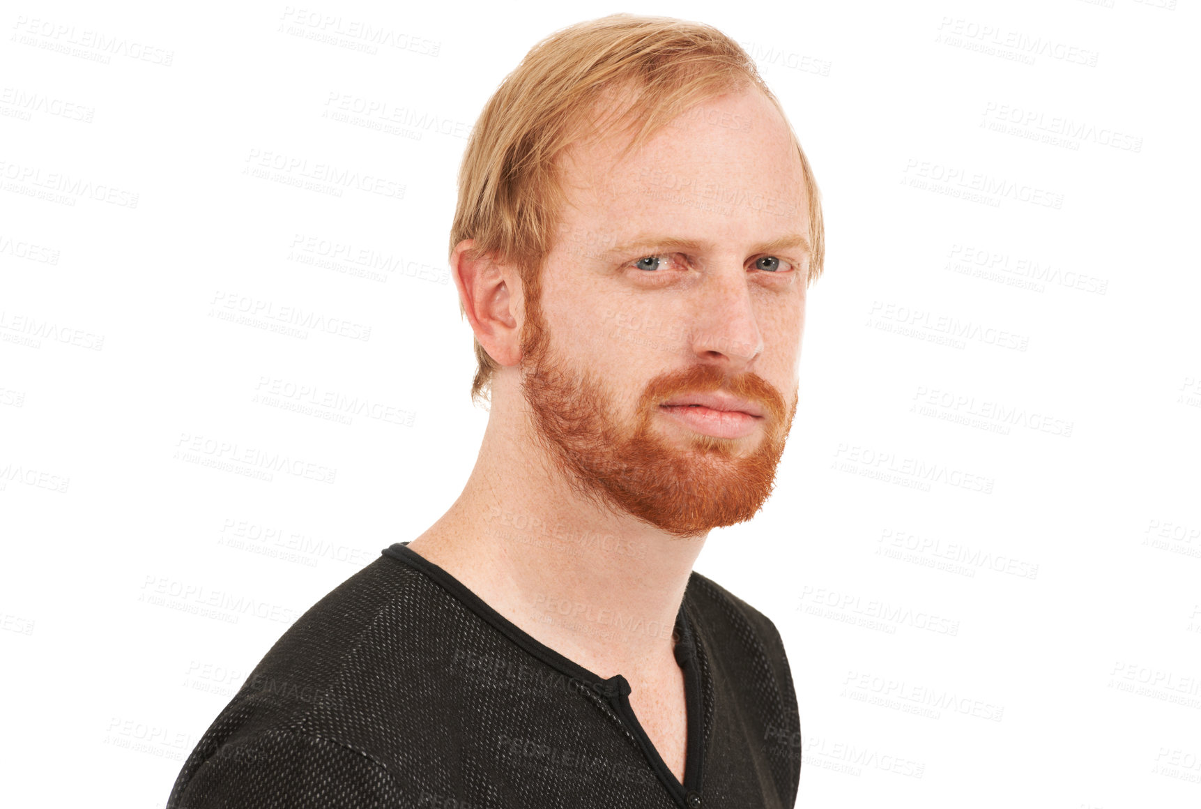 Buy stock photo Serious man, portrait and face of ginger standing or posing isolated against a white studio background. Male person or USA model with smirk, blue eyes and beard in casual fashion, style or mockup