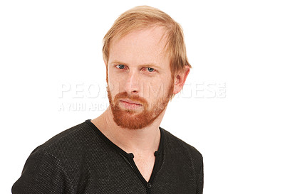 Buy stock photo Serious man, portrait and face of ginger thinking or posing isolated against a white studio background. Male person or model with blue eyes and beard in wonder, casual fashion or style on mockup