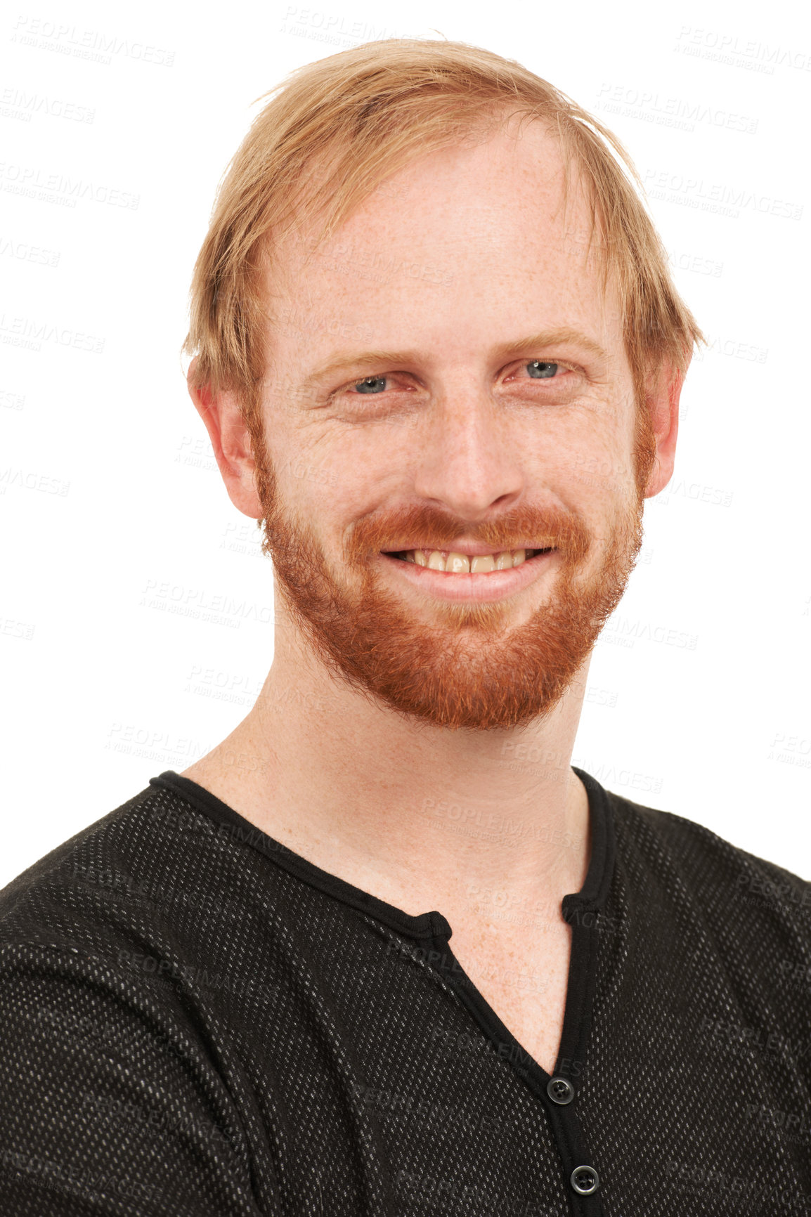 Buy stock photo Face, portrait and happy with man and smile isolated against a white studio background. Closeup of male British person, ginger or model looking in confidence, happiness or ambition in casual fashion