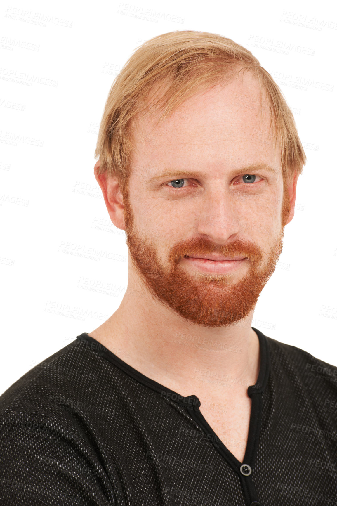 Buy stock photo Happy man, portrait and face of ginger standing or mockup isolated against a white studio background. Closeup of male person or model with smirk, blue eyes and beard in casual fashion or style