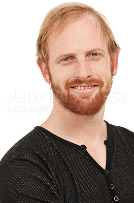 Buy stock photo Man, happy portrait and face with smile isolated against a studio white background. Closeup of male person, ginger or model looking in confidence, happiness or ambition in casual fashion from London