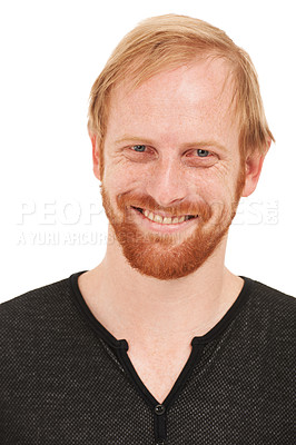 Buy stock photo Face, portrait and happy man, ginger or smile isolated against a white studio background. Closeup of male person, USA or model looking in confidence, happiness or ambition in casual style fashion