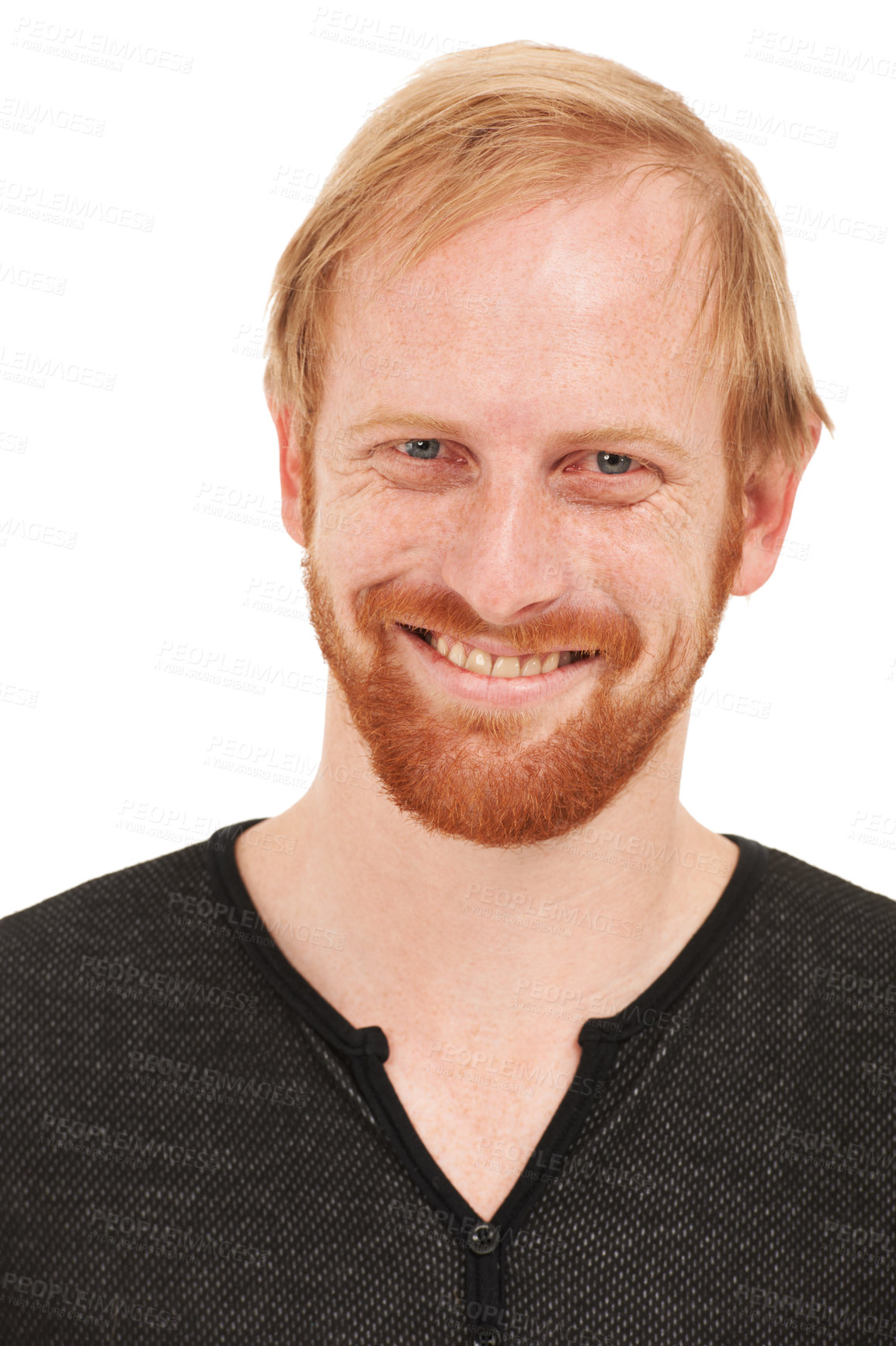 Buy stock photo Face, portrait and happy man, ginger or smile isolated against a white studio background. Closeup of male person, USA or model looking in confidence, happiness or ambition in casual style fashion