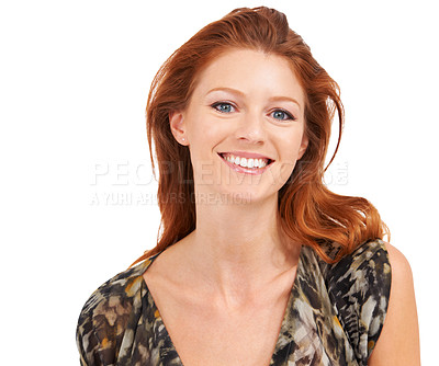 Buy stock photo White background, woman portrait and ginger hair with cosmetics and pride in a studio. Natural beauty, happy face and fashion of a young female person with smile and youth style with confidence