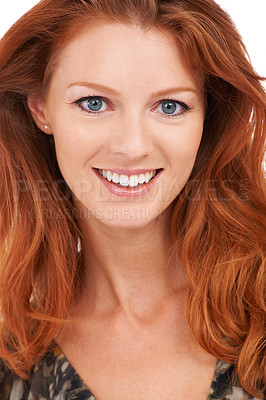 Buy stock photo Closeup of a gorgeous smiling redhead with a perfect complexion, isolated on white - copyspace