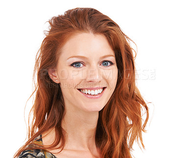 Buy stock photo Natural ginger, woman portrait and happiness with cosmetics and pride in a studio. White background, happy face and smile of a young female person with hair beauty and closeup with confidence