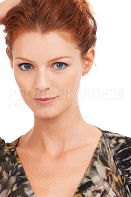 Buy stock photo Woman, face portrait and studio for beauty hair trend, luxury or fashion. Female model, ginger care and white background for glamour or stylish designer, confidence or feminine attitude for glow