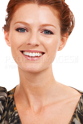Buy stock photo Woman, smile and natural confidence portrait in studio for positive attitude, casual beauty or fun joy. Female model person, face and dental hygiene wellness for fresh teeth, whitening or cleaning