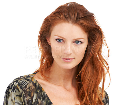 Buy stock photo Face, fashion and beauty with a ginger woman in studio isolated on a white background for style. Makeup, skincare or clothes and a confident young model with red hair in a trendy outfit for glamour