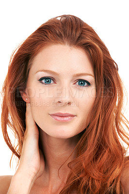 Buy stock photo Beauty, red hair and portrait of woman in studio for natural makeup, cosmetics and skincare. Ginger, hairstyle and confident with face of model isolated on white background for spa and self care
