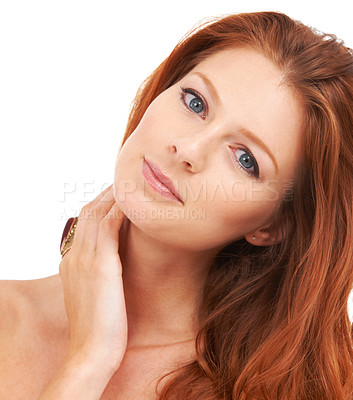 Buy stock photo Portrait, beauty and skincare with a ginger woman in studio isolated on a white background for makeup. Face, aesthetic and cosmetics with a confident young redhead model at the salon or hairdresser