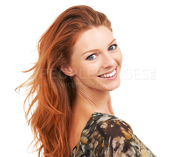 Buy stock photo Vivacious red-head smiling back over her shoulder at you, isolated on white - copyspace