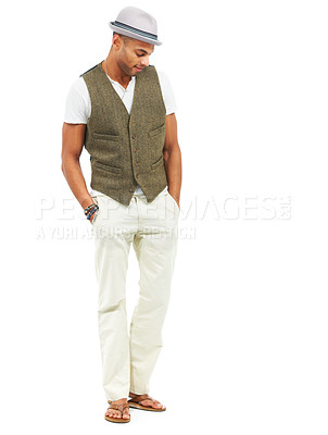 Buy stock photo Man, pocket and studio for retro style or hat design, fashion trend or cool clothes. Male model person, face or white background for confident pride, good mood or creative outfit for vintage