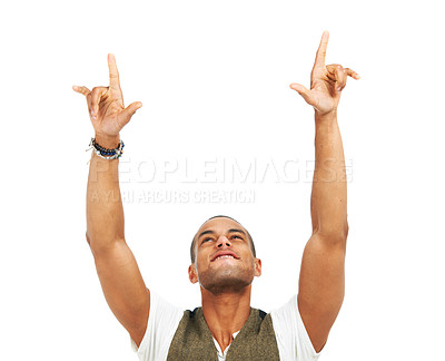 Buy stock photo Young man with arms raised and pointing in gesture of happy victory, isolated on white - copyspace