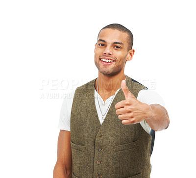 Buy stock photo Studio portrait, man and thumbs up with smile for vote emoji, thank you and review on white background. Mexican model, face and hand gesture for positive with yes, agreement and winner in approval