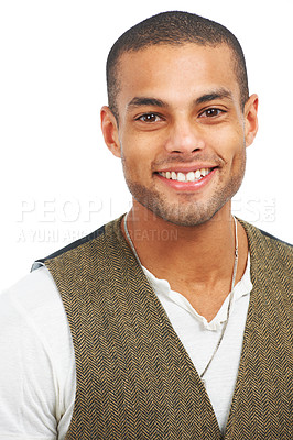 Buy stock photo Closeup of a happy handsome young man smiling, isolated on white - copyspace