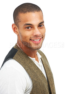 Buy stock photo Portrait, fashion and smile with a man on a white background isolated in studio for contemporary style. Face, happy and trendy with a handsome young male model posing in stylish designer clothing