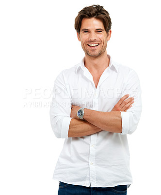 Buy stock photo Portrait, smile and man arms crossed, fashion and confident guy isolated on white studio background. Male, gentleman and gesture for success, casual outfit and leadership with happiness and wellness