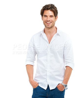 Buy stock photo Handsome, young and man in a studio with a casual, brand apparel and luxury classy outfit. Fashion, natural and portrait of male model from Canada with trendy clothes isolated by white background.