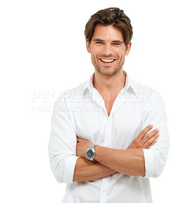 Buy stock photo Fashion, young and man model in a studio with a casual, brand apparel and luxury classy outfit. Happiness, natural and portrait of a male from Canada with trendy clothes isolated by white background.
