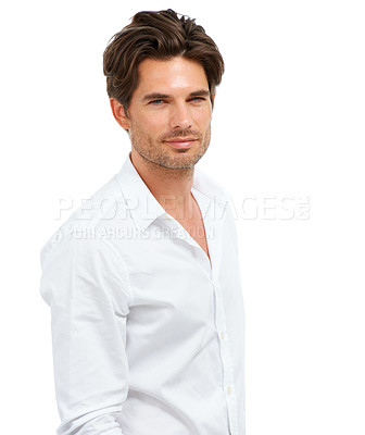 Buy stock photo Portrait, fashion and mockup with a man model in studio on a white background for style in a shirt. Face, confident and masculine with a handsome young male posing to promote blank advertising space