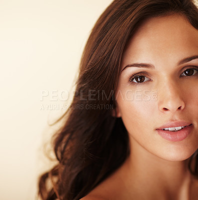 Buy stock photo Closeup portrait of an alluring brunette - Copyspace