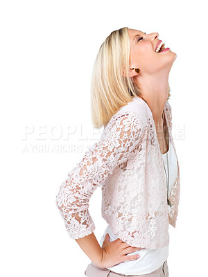 Buy stock photo Woman, funny and laughter for joke, happiness and female isolated on white studio background. Laughing, young lady and happy girl with casual outfit, cheerful and joyful with mockup on backdrop