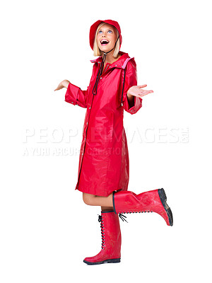 Buy stock photo Winter, red raincoat and woman on a white background with smile, content and happy mindset. Creative aesthetic, weather and isolated full body of girl with boots for style, trendy clothes and fashion