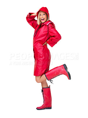 Buy stock photo Winter, red raincoat and portrait of woman on white background with smile, content and happy mindset. Fashion, weather and isolated full body of girl in style, trendy and creative clothes in studio
