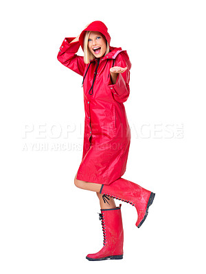 Buy stock photo Red raincoat, portrait and excited woman in studio with white background and mockup. Model, smile and young person with happiness for winter rain and storm with waterproof clothes in mock up