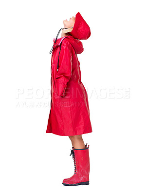 Buy stock photo Fashion, red raincoat and woman on a white background with trendy, stylish and waterproof clothes in studio. Winter boots, rain weather and isolated full body of excited, happy and girl with smile