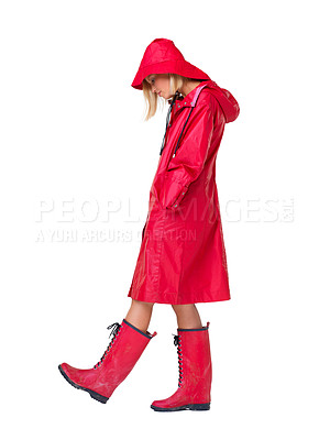 Buy stock photo Fashion, red raincoat and woman on a white background with trendy, style and waterproof clothes in studio. Thinking, weather and isolated full body of sad, depressed and upset girl with winter boots