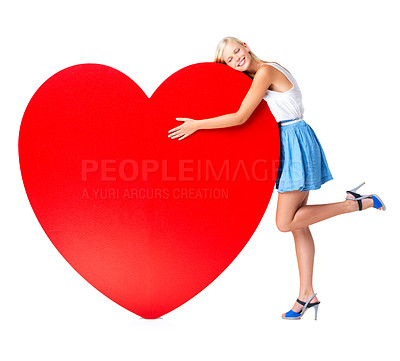 Buy stock photo Hug, emoji and love by woman with red heart in studio for valentines day, poster or board on white background. Romance, shape and girl model embrace icon, billboard or message for hope and isolated